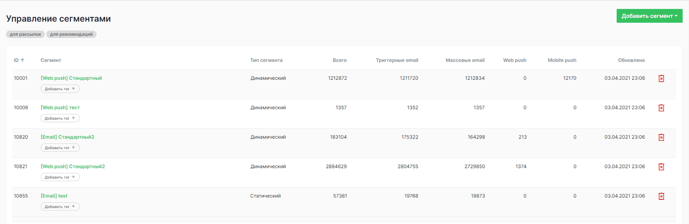 Таблица с сегментами
